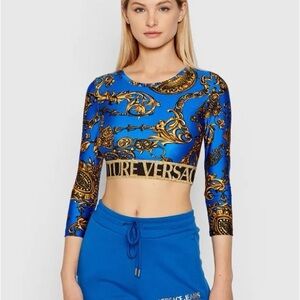 Versace Jeans Couture Baroque Blue and Gold Crop Top, size 38, NWT